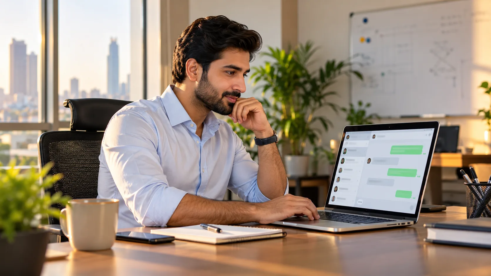 A Pakistani business owner reviewing chatbot options at his desk
