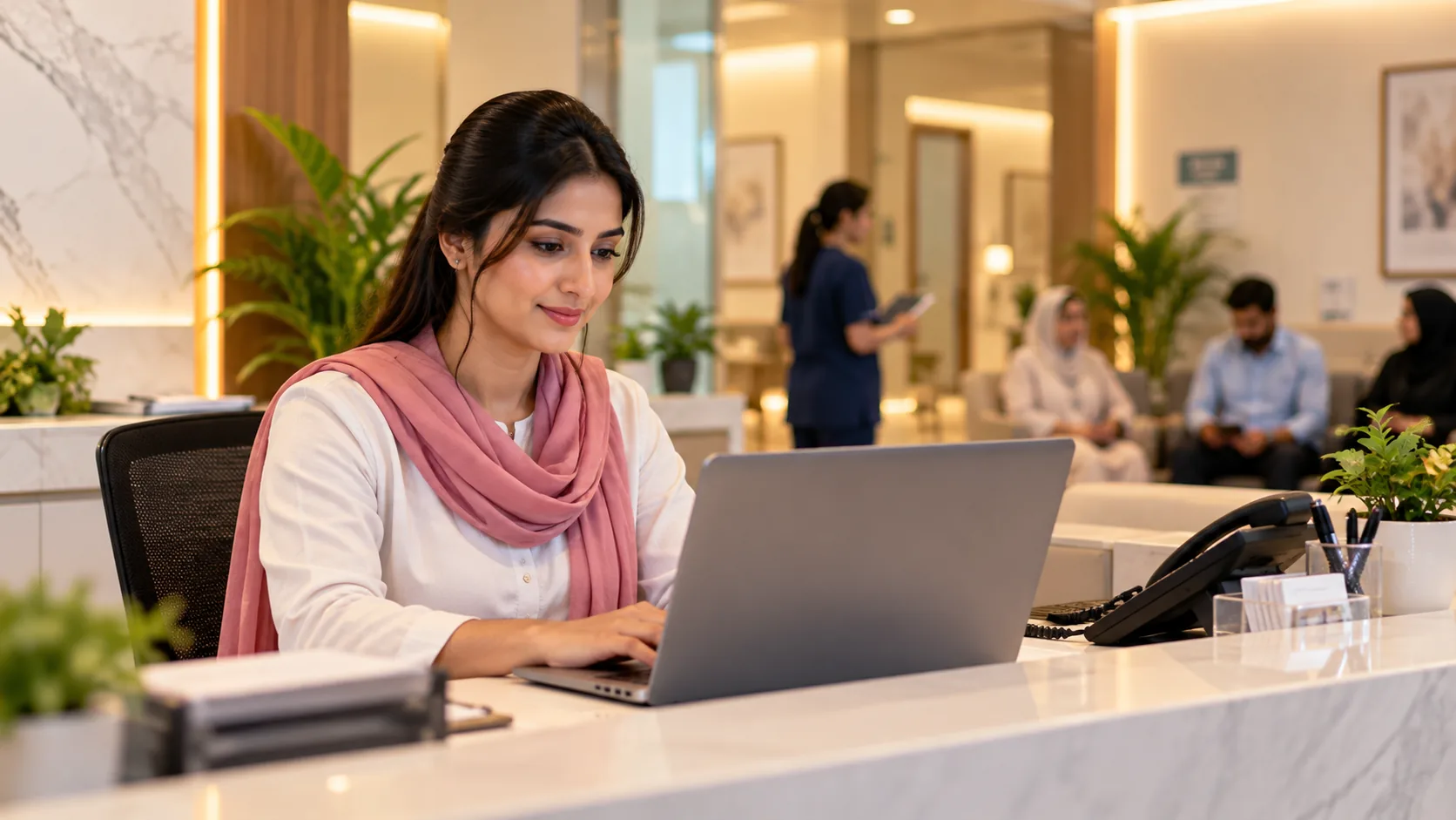 A clinic receptionist in Pakistan managing patient appointments and live chat inquiries