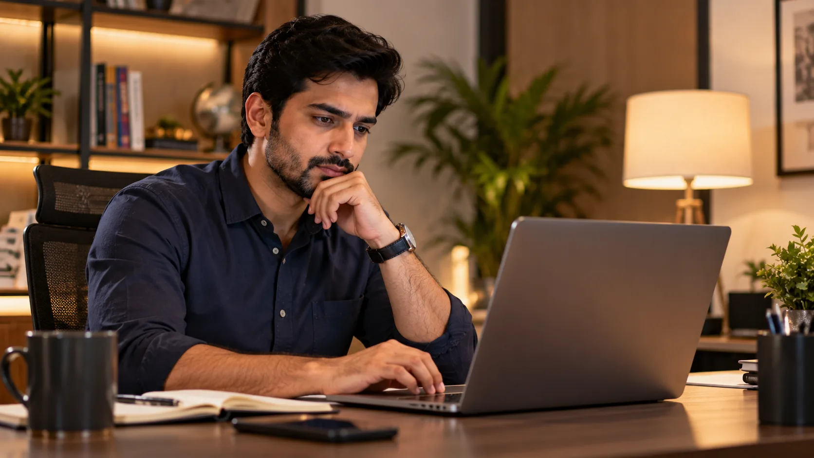 Pakistani business owner calculating live chat ROI on a laptop at his office desk